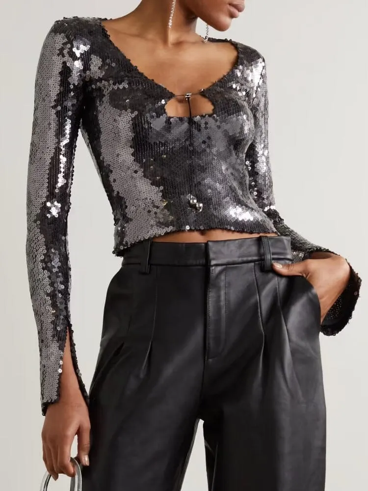 ANTHRACITE SEQUINED STRETCH-TULLE TOP