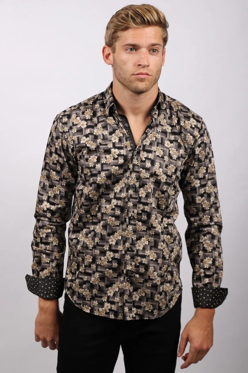 Black Floral Print Button Down Shirt W/Trim