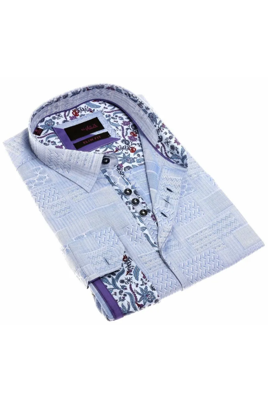 Blue Jacquard Button Down Shirt W/ Colorful Trim