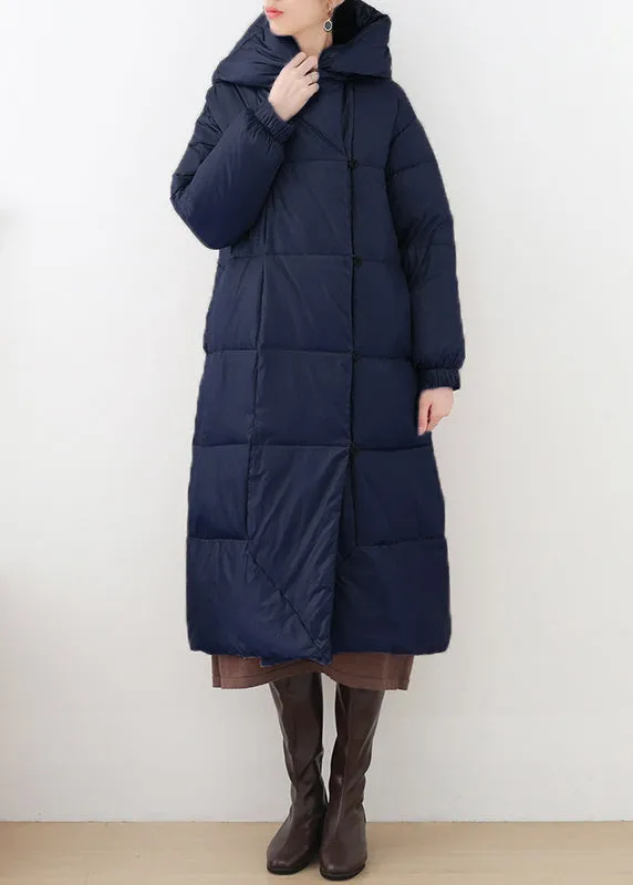 Blue Pockets Hooded Down Coat Long Sleeve