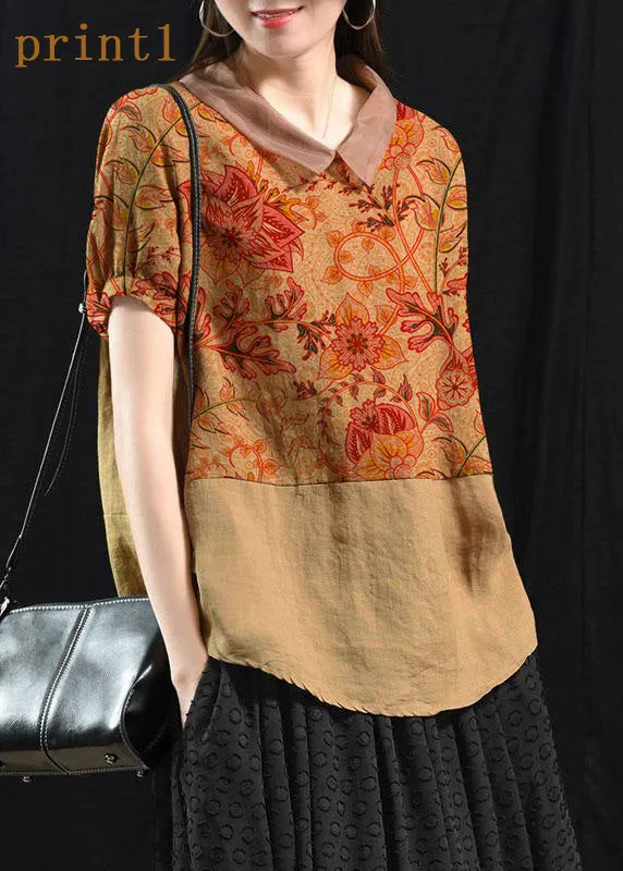 Bohemian Khaki Patchwork Turn-down Collar Summer Short Sleeve Top