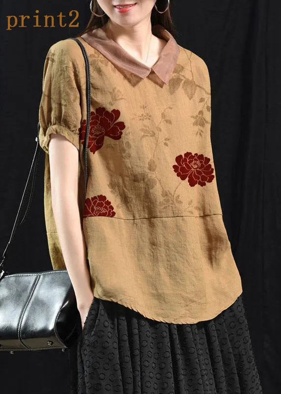 Bohemian Khaki Patchwork Turn-down Collar Summer Short Sleeve Top