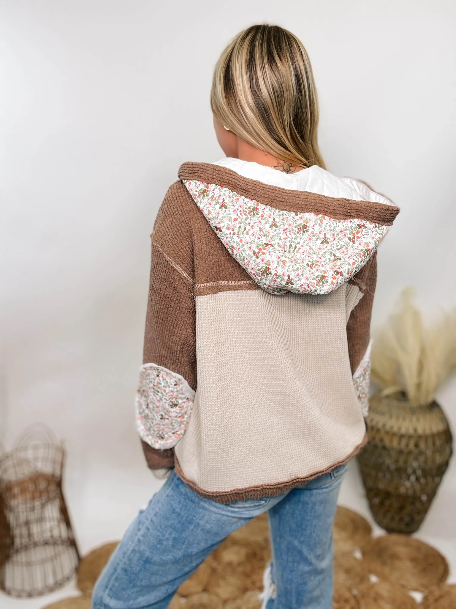 Boho Floral Oat Chocolate Quilted Patchwork Button Up Oversized Hoodie Jacket