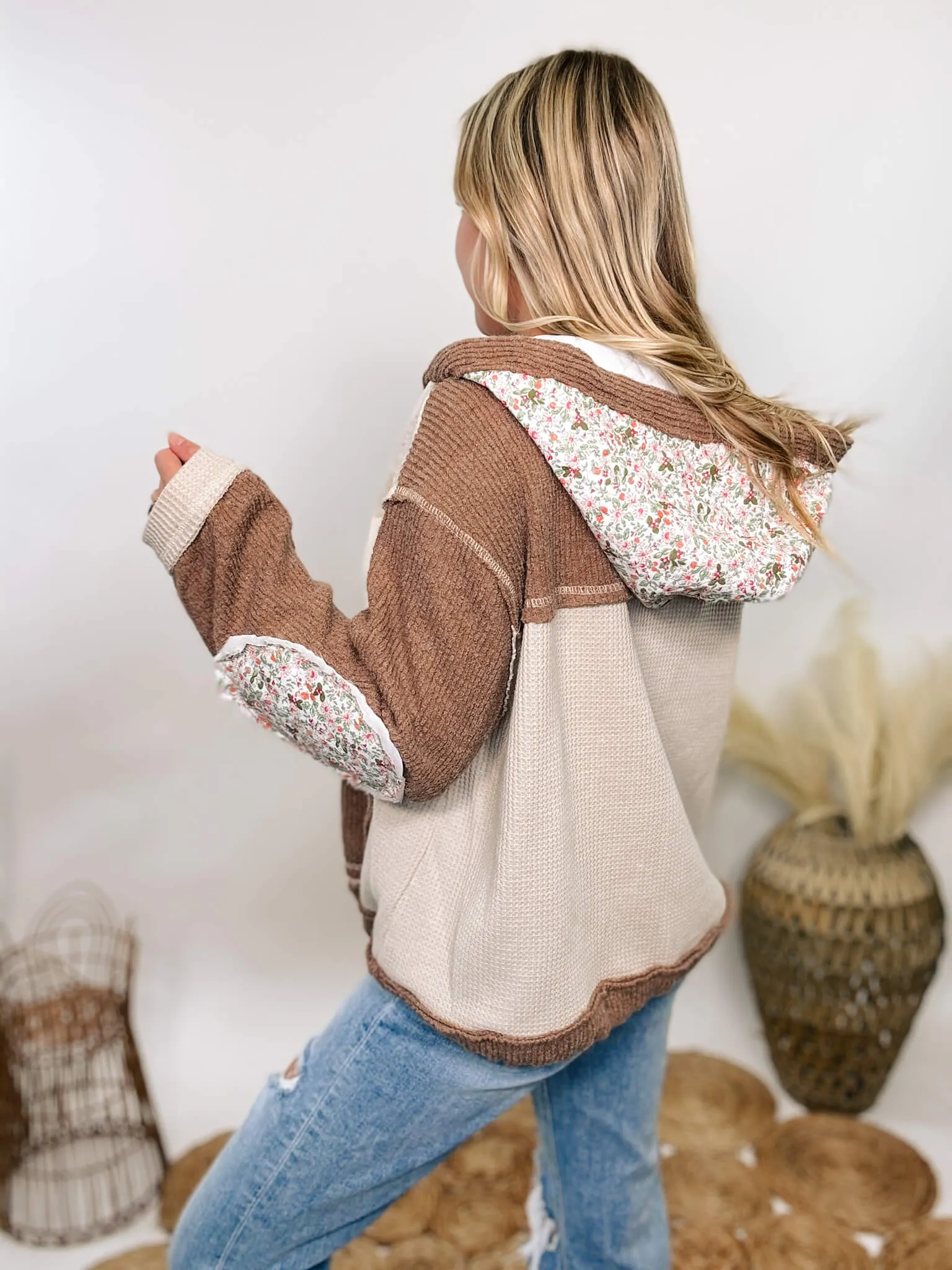 Boho Floral Oat Chocolate Quilted Patchwork Button Up Oversized Hoodie Jacket