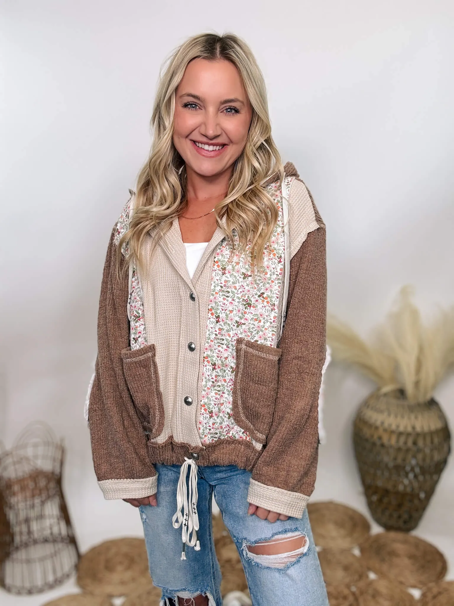 Boho Floral Oat Chocolate Quilted Patchwork Button Up Oversized Hoodie Jacket