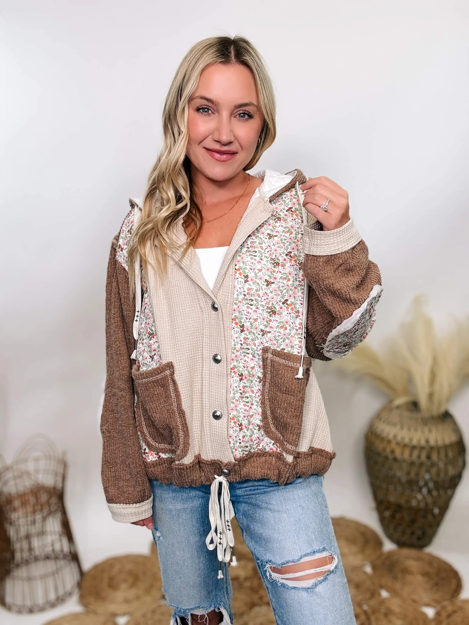 Boho Floral Oat Chocolate Quilted Patchwork Button Up Oversized Hoodie Jacket