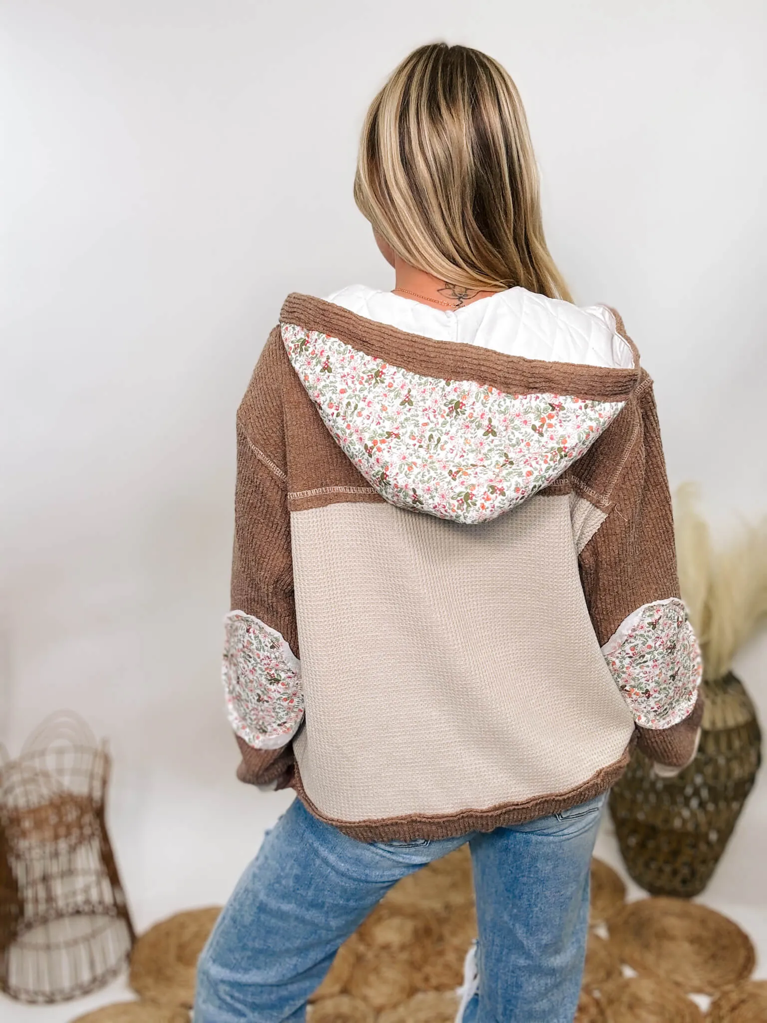 Boho Floral Oat Chocolate Quilted Patchwork Button Up Oversized Hoodie Jacket