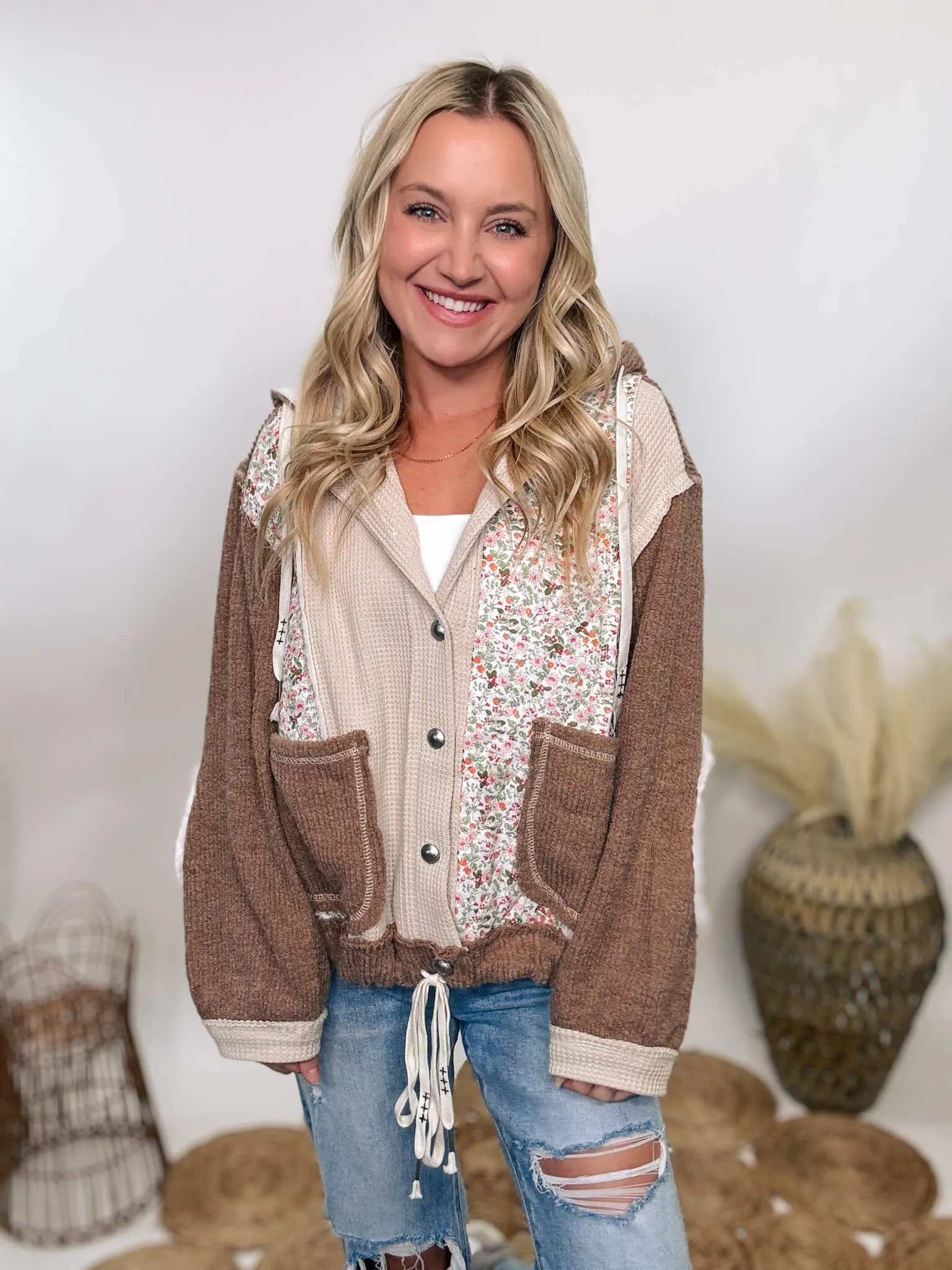 Boho Floral Oat Chocolate Quilted Patchwork Button Up Oversized Hoodie Jacket