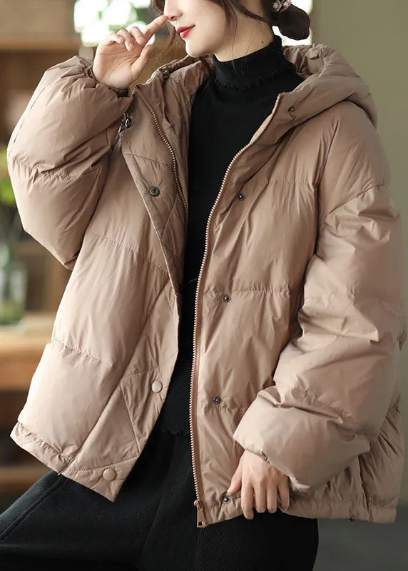 Boho Khaki hooded zippered Pockets Loose Winter Down Coat