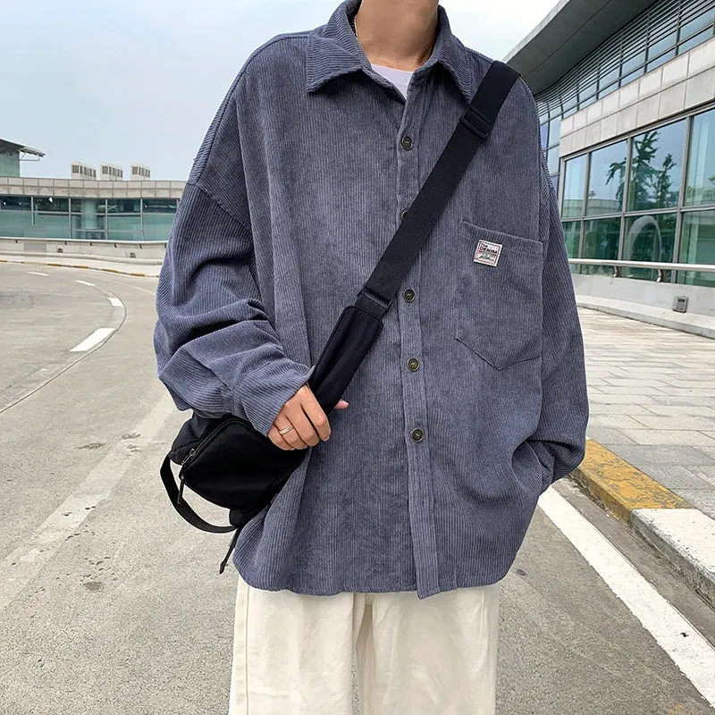 Bonsir -  Corduroy shirt men's casual design sense niche long-sleeved shirt Spring and Autumn Hong Kong style ruffled handsome jacket