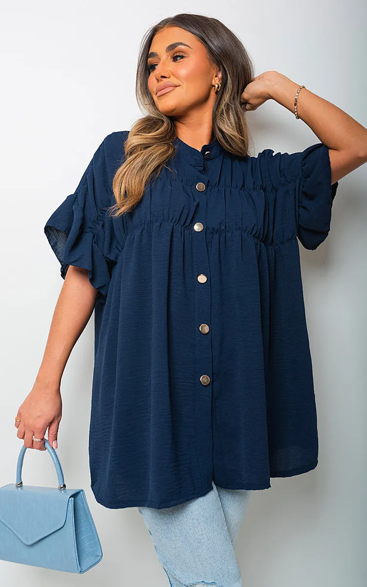 Button Down Pleated Frill Tops