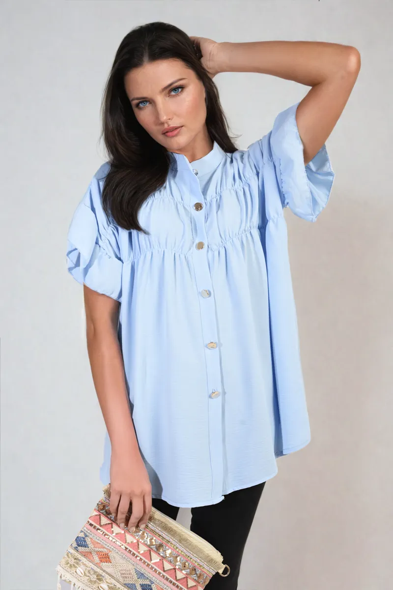 Button Down Pleated Frill Tops