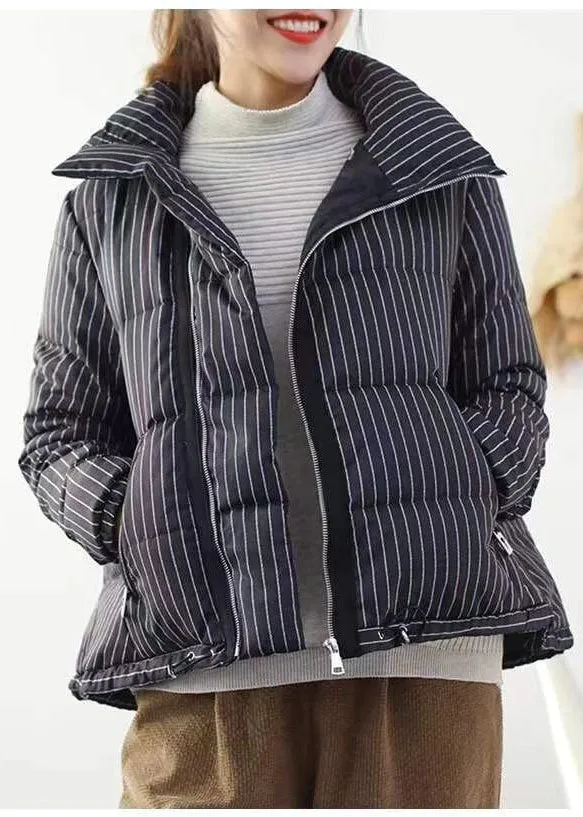 Chic Red Striped Stand Collar zippered Winter Chiffon Puffers Jackets