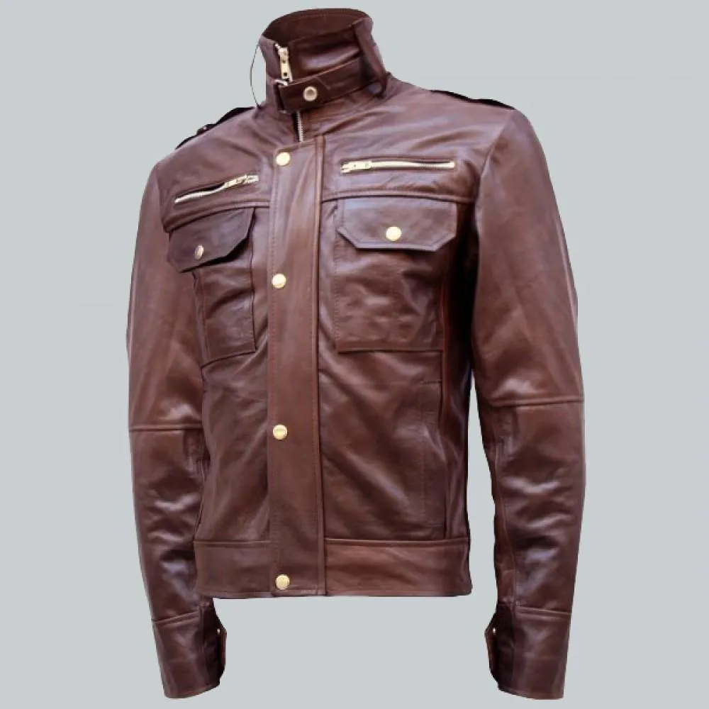 Chocolate-Brown Leather Jacket with Epaulettes