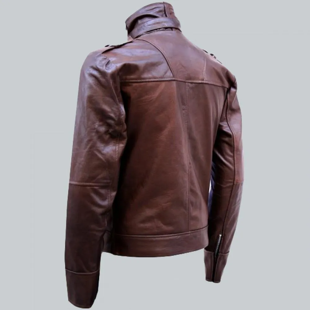 Chocolate-Brown Leather Jacket with Epaulettes