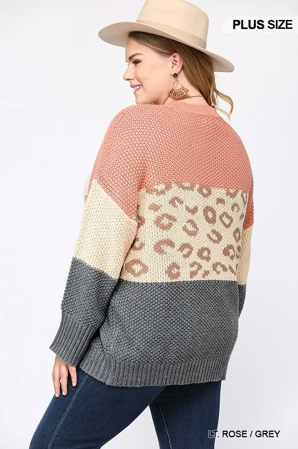 Color Block And Leopard Pattern Mixed Pullover Sweater