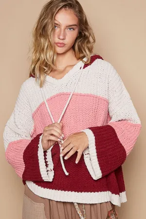 Color Block Long Sleeve Hooded Sweater - Pink Burgundy