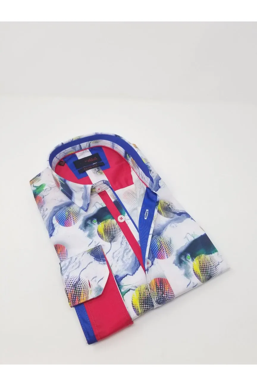 Colorful Globes Button Down Shirt W/ Red Trim