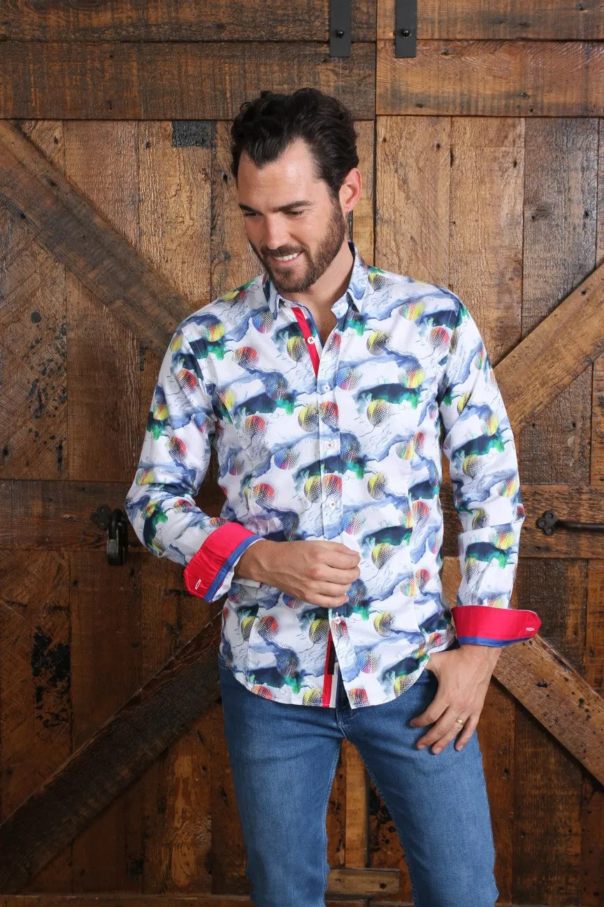 Colorful Globes Button Down Shirt W/ Red Trim