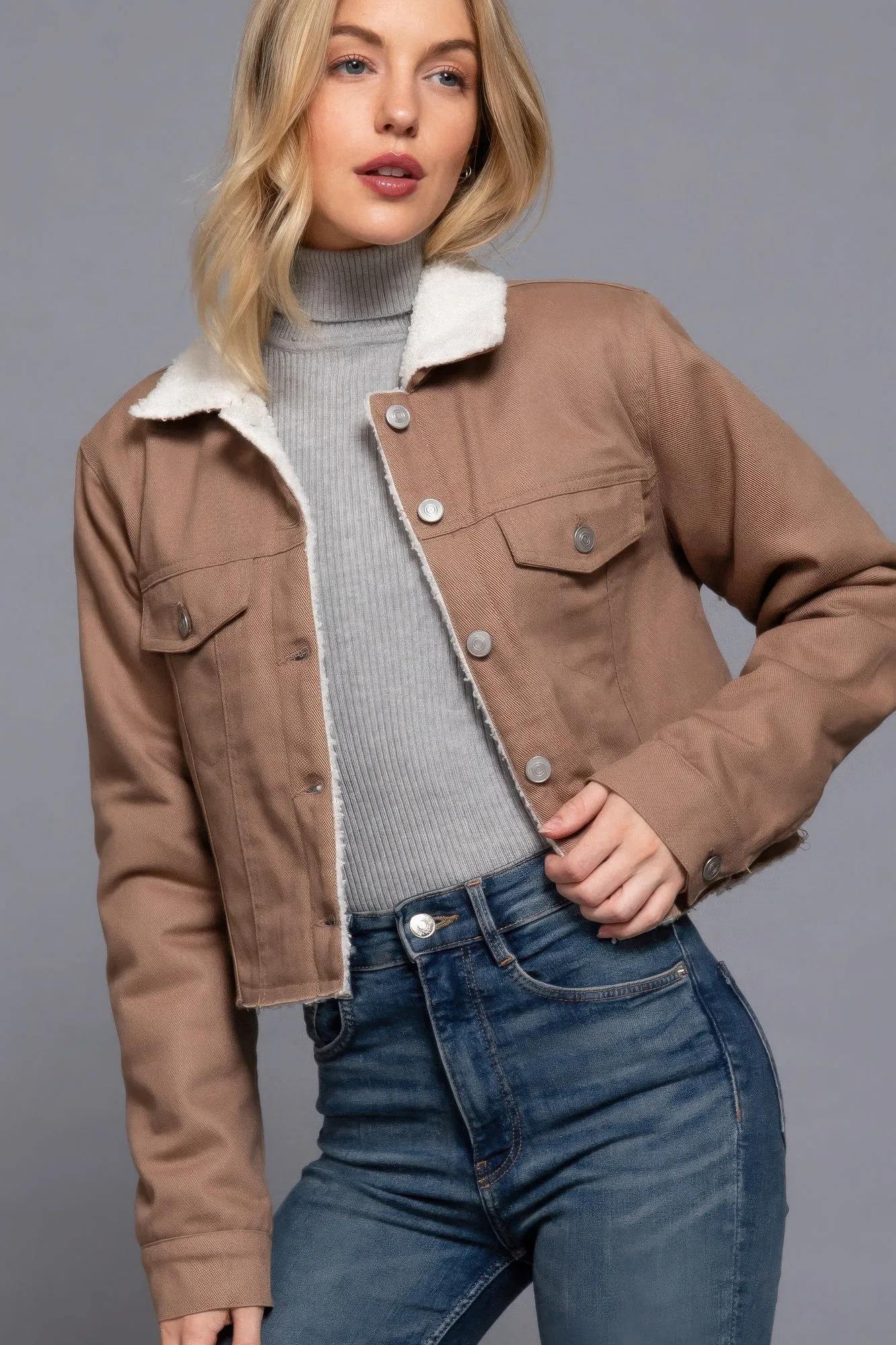 Cozy Button Closure Sherpa-Lined Twill Jacket in Cocoa | Fashion M&J