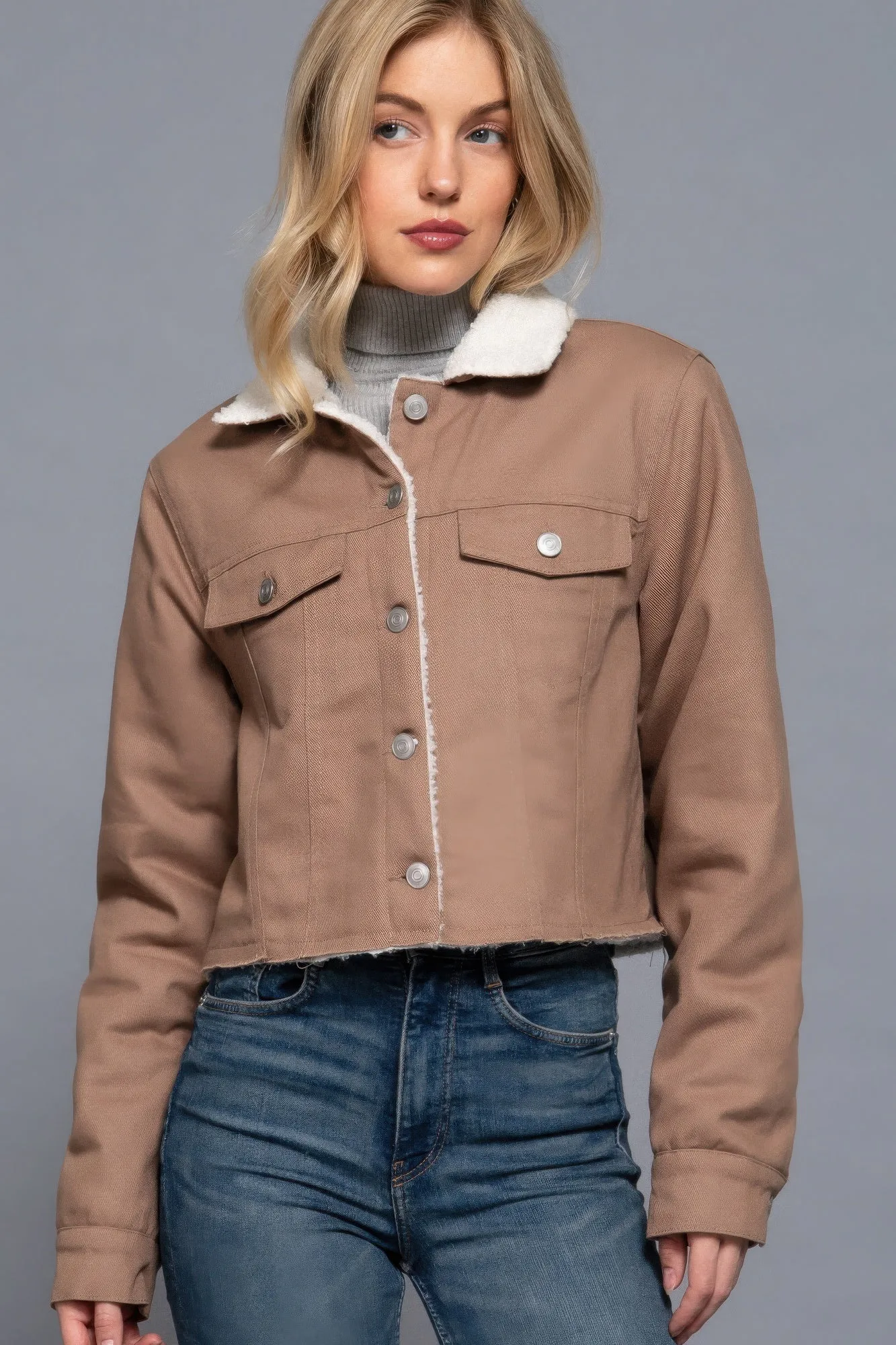 Cozy Button Closure Sherpa-Lined Twill Jacket in Cocoa | Fashion M&J