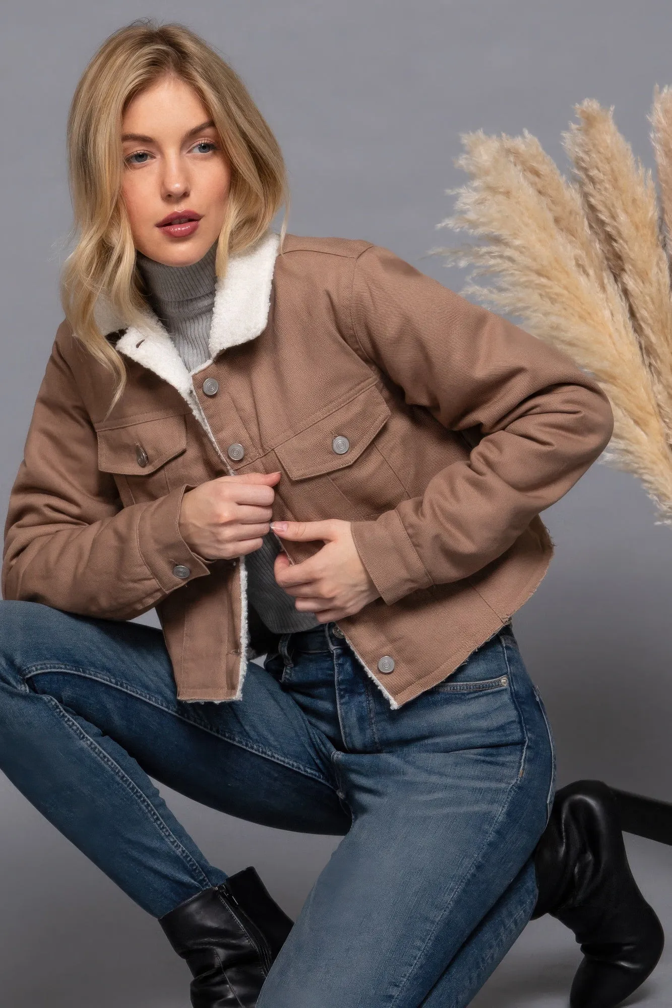 Cozy Button Closure Sherpa-Lined Twill Jacket in Cocoa | Fashion M&J