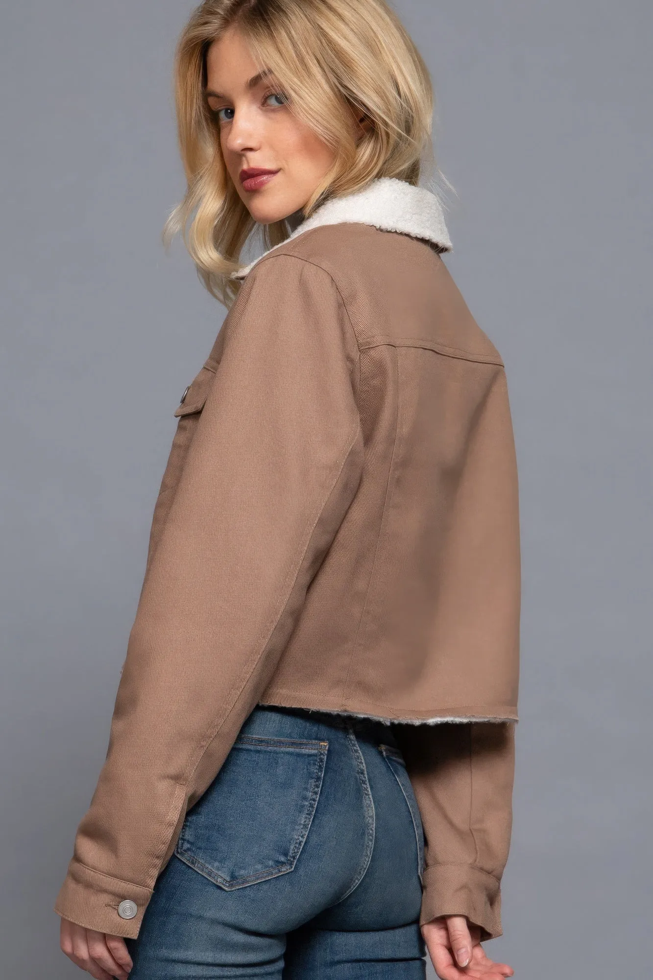 Cozy Button Closure Sherpa-Lined Twill Jacket in Cocoa | Fashion M&J