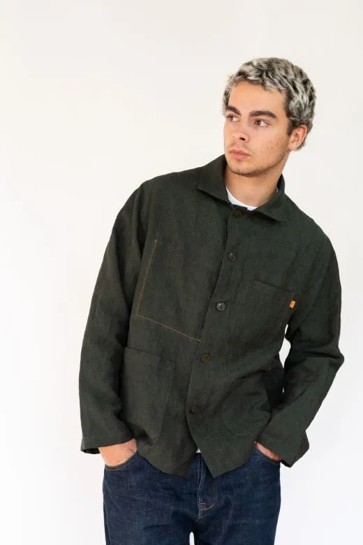 Dark Green Linen Utility Jacket