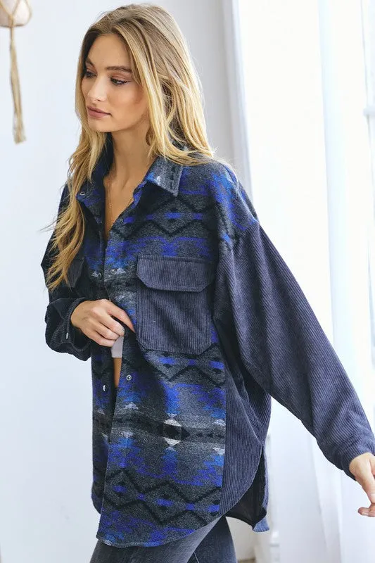 Davi & Dani Plus Printed Button Down Long Sleeve Jacket