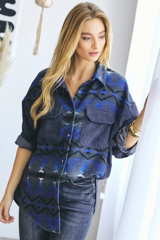 Davi & Dani Plus Printed Button Down Long Sleeve Jacket