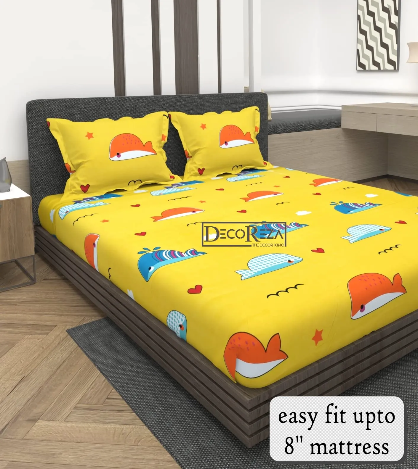 DECOREZA Kids Cartoon Home Premium Cotton Elastic Fitted Bedsheets With 2 King Size Pillow Covers, Double Bed With All Around Elastic 28 Tc Supersoft, Size, 72x78x8 In, Fishes (Yellow)