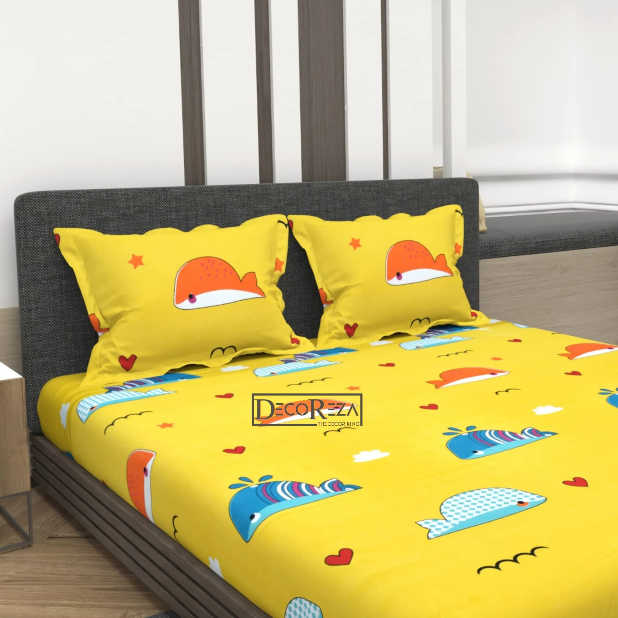 DECOREZA Kids Cartoon Home Premium Cotton Elastic Fitted Bedsheets With 2 King Size Pillow Covers, Double Bed With All Around Elastic 28 Tc Supersoft, Size, 72x78x8 In, Fishes (Yellow)