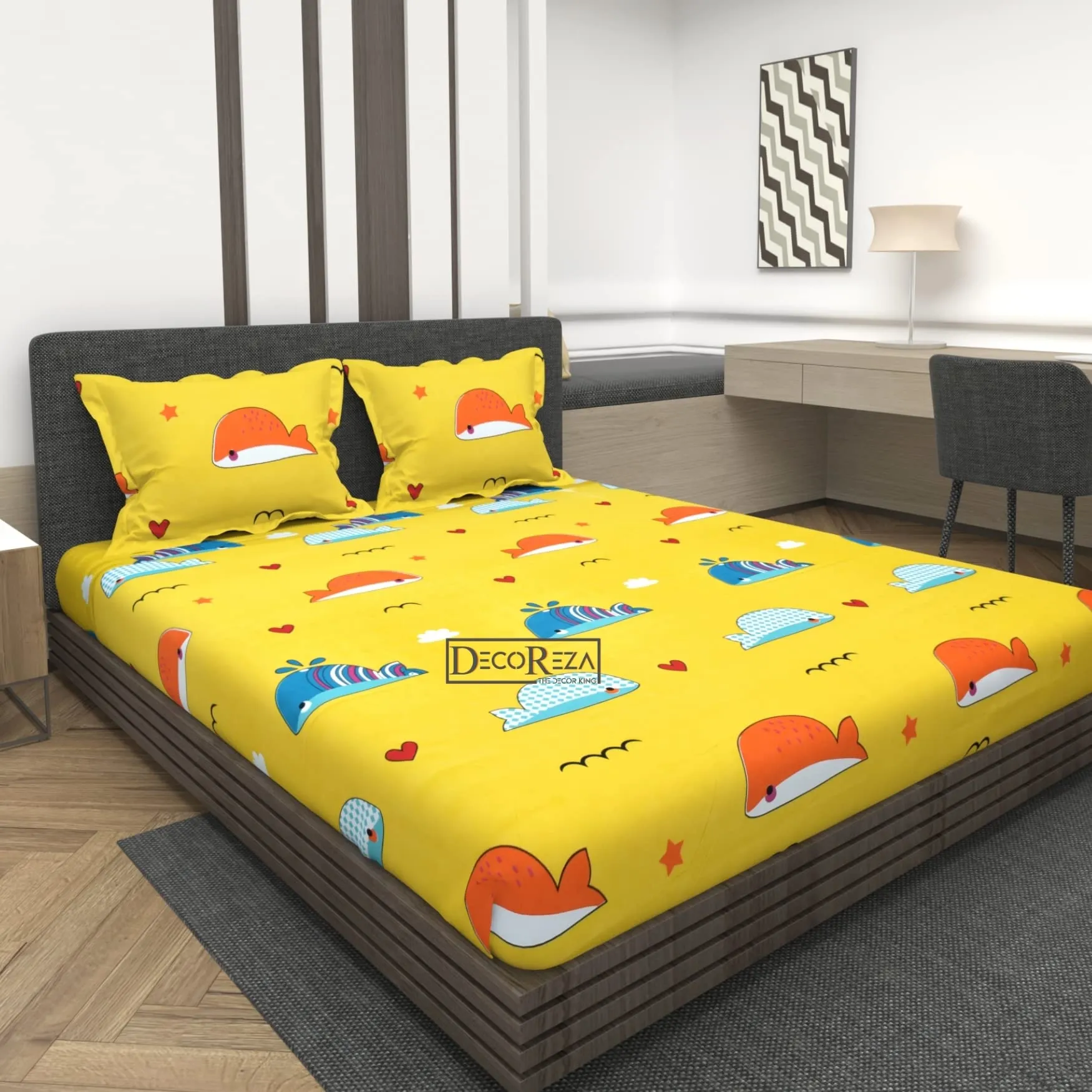 DECOREZA Kids Cartoon Home Premium Cotton Elastic Fitted Bedsheets With 2 King Size Pillow Covers, Double Bed With All Around Elastic 28 Tc Supersoft, Size, 72x78x8 In, Fishes (Yellow)