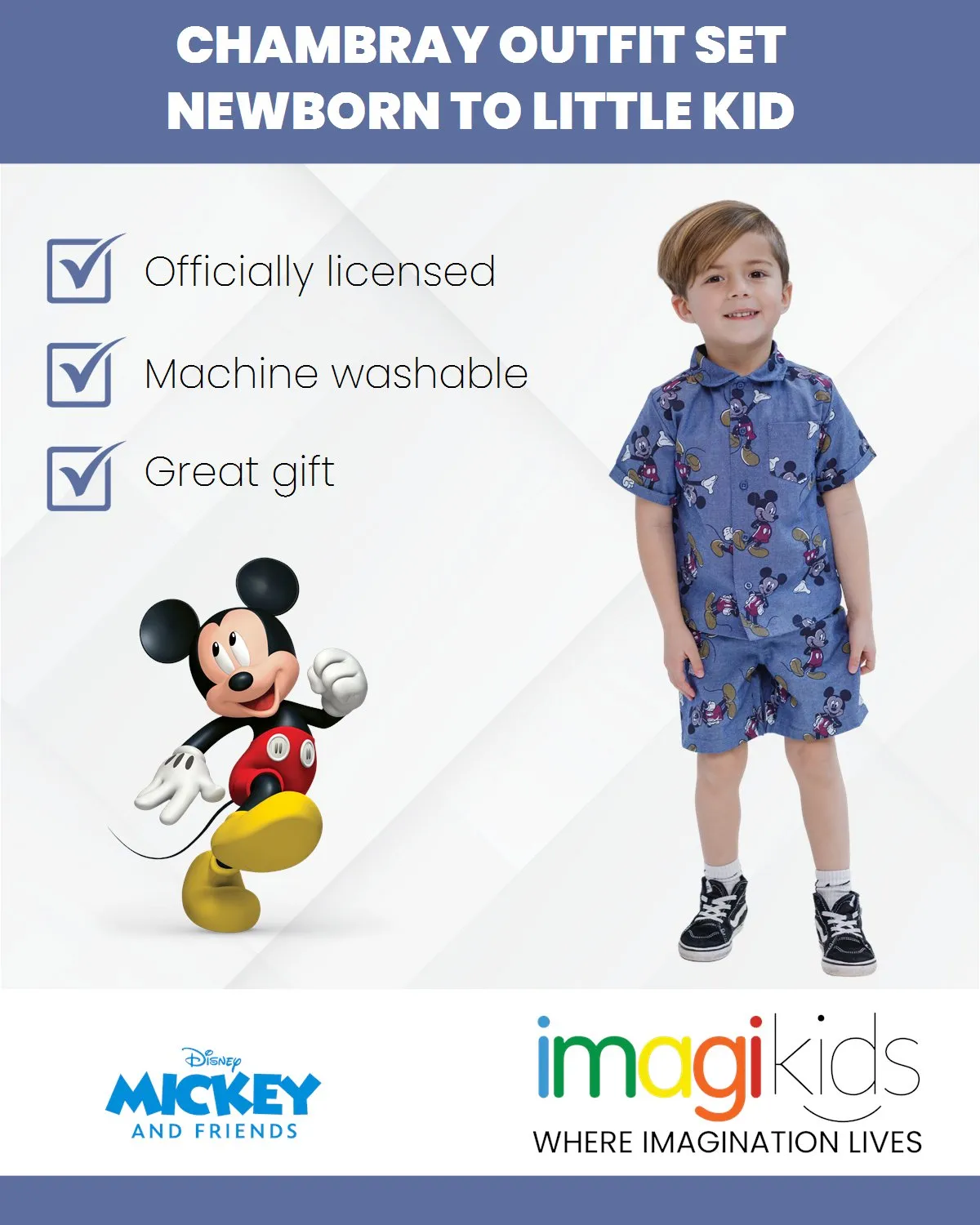 Disney Mickey Mouse Chambray Hawaiian Button Down Shirt and Shorts Outfit Set