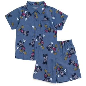 Disney Mickey Mouse Chambray Hawaiian Button Down Shirt and Shorts Outfit Set