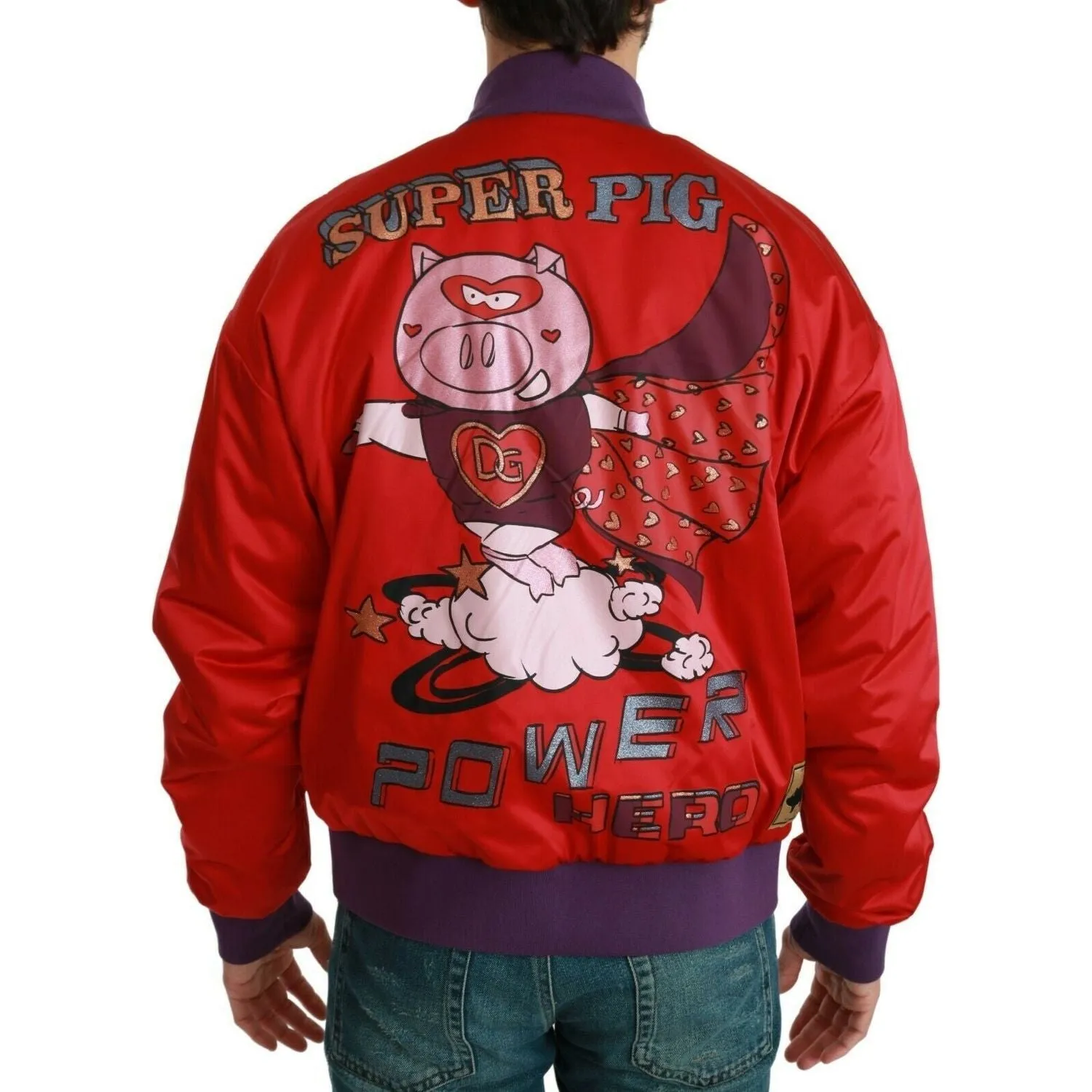 Dolce & Gabbana Vibrant Red Bomber Jacket with Multicolor Motif