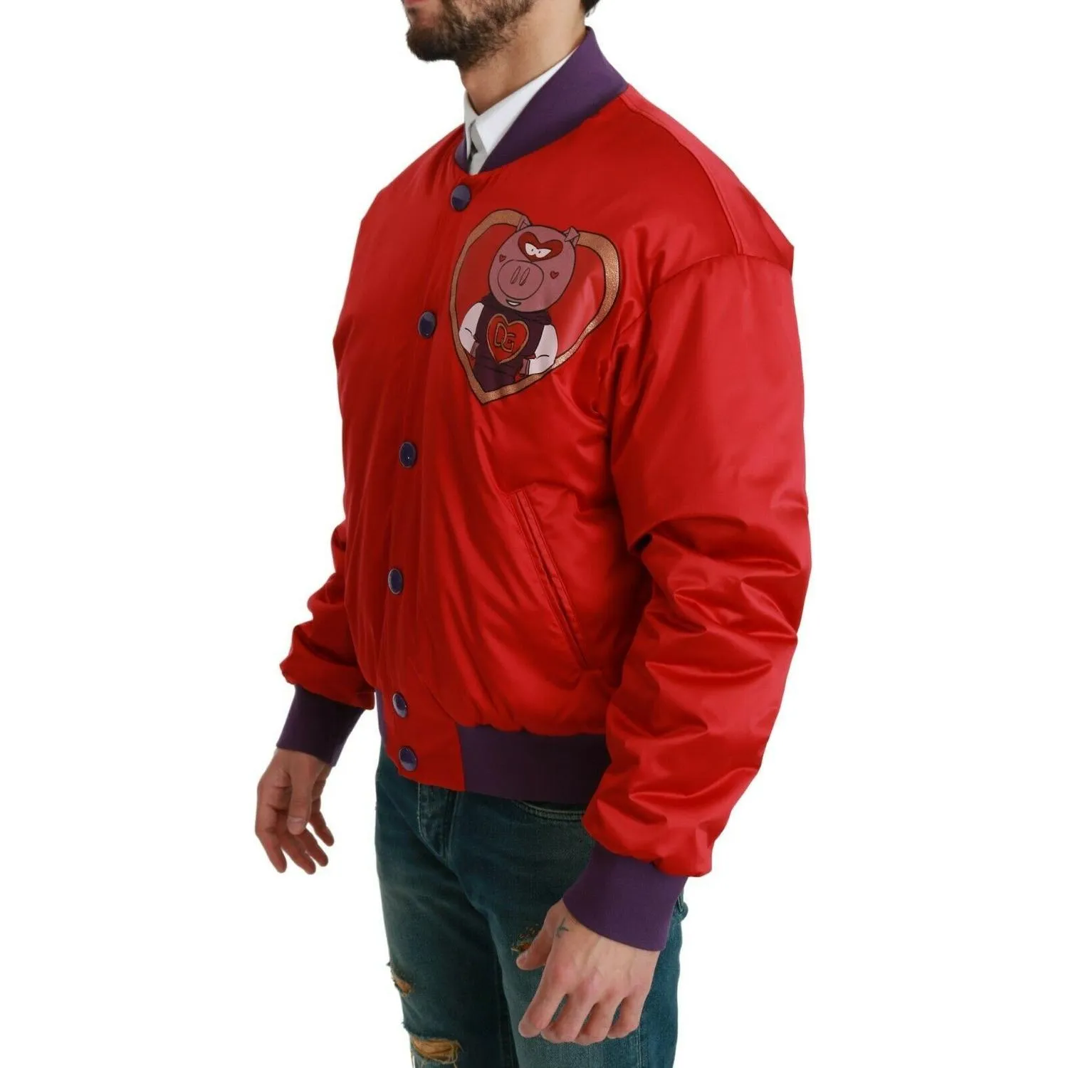 Dolce & Gabbana Vibrant Red Bomber Jacket with Multicolor Motif