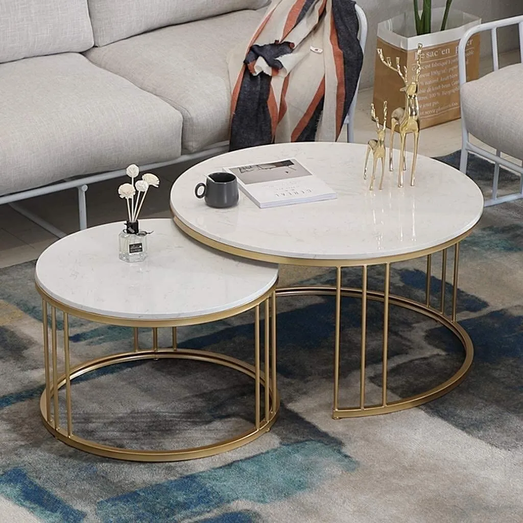 Dream Arts Round Coffee Table Set of 2, Center Tea Table, Couch Table, Sled Nesting Table with Engineering Wood and Metal Frame for Living Room Bedroom or Apartment