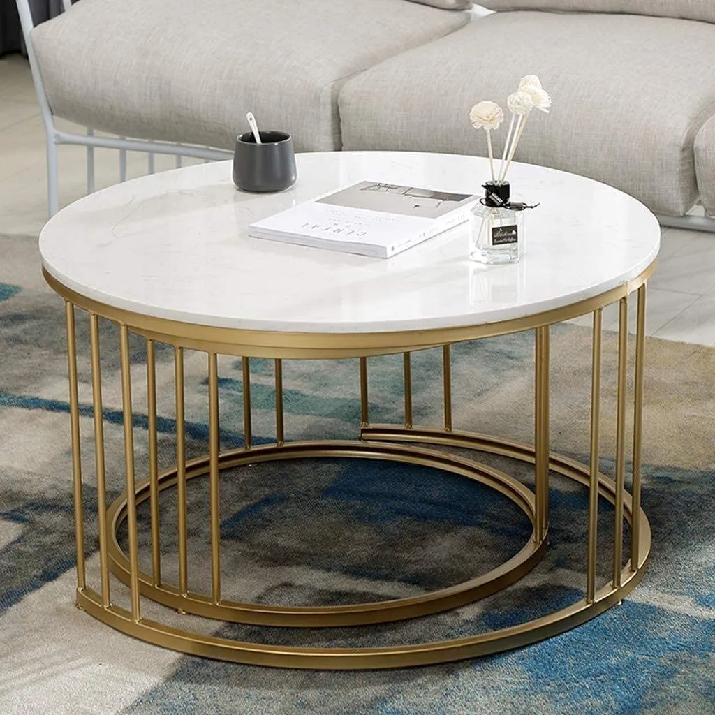 Dream Arts Round Coffee Table Set of 2, Center Tea Table, Couch Table, Sled Nesting Table with Engineering Wood and Metal Frame for Living Room Bedroom or Apartment