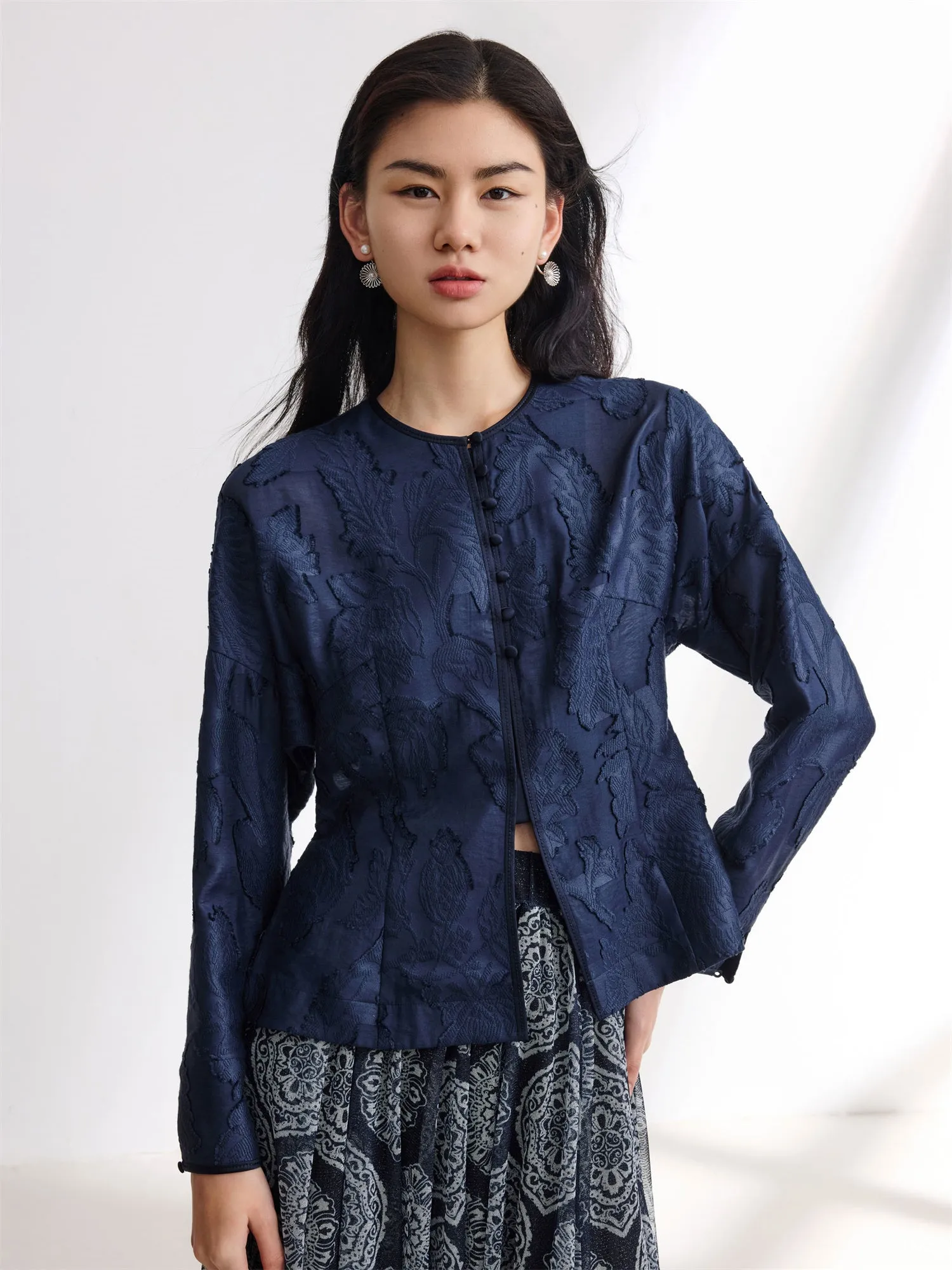 EP YAYING Chines Style Waist-Cinching Round Neck Jacket