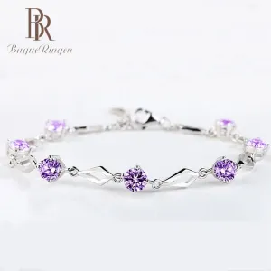 Fashion Crystal Charm Bracelet for Women with Geometric Design in White and Purple, 16.5 3cm