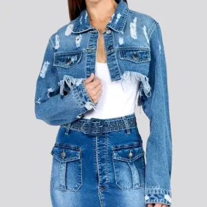 Fashionable frayed denim jacket for women