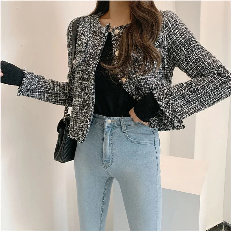 Frayed Slim-Fit Open Front Plaid Jacket