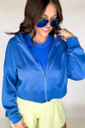 French Terry Active Electric Blue Cropped Zip Up Hoodie