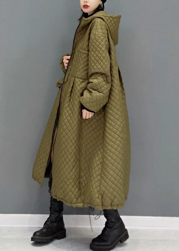 Green Plaid Fine Cotton Filled coats drawstring Zip Up Winter