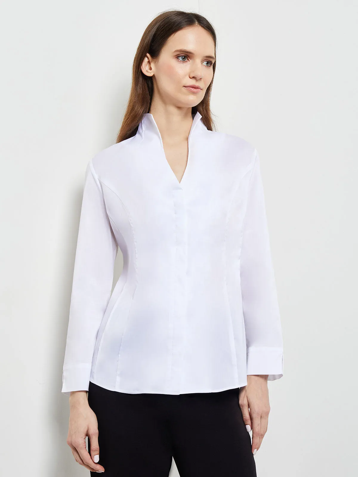 Hi-Neck Stretch Cotton Blouse, White