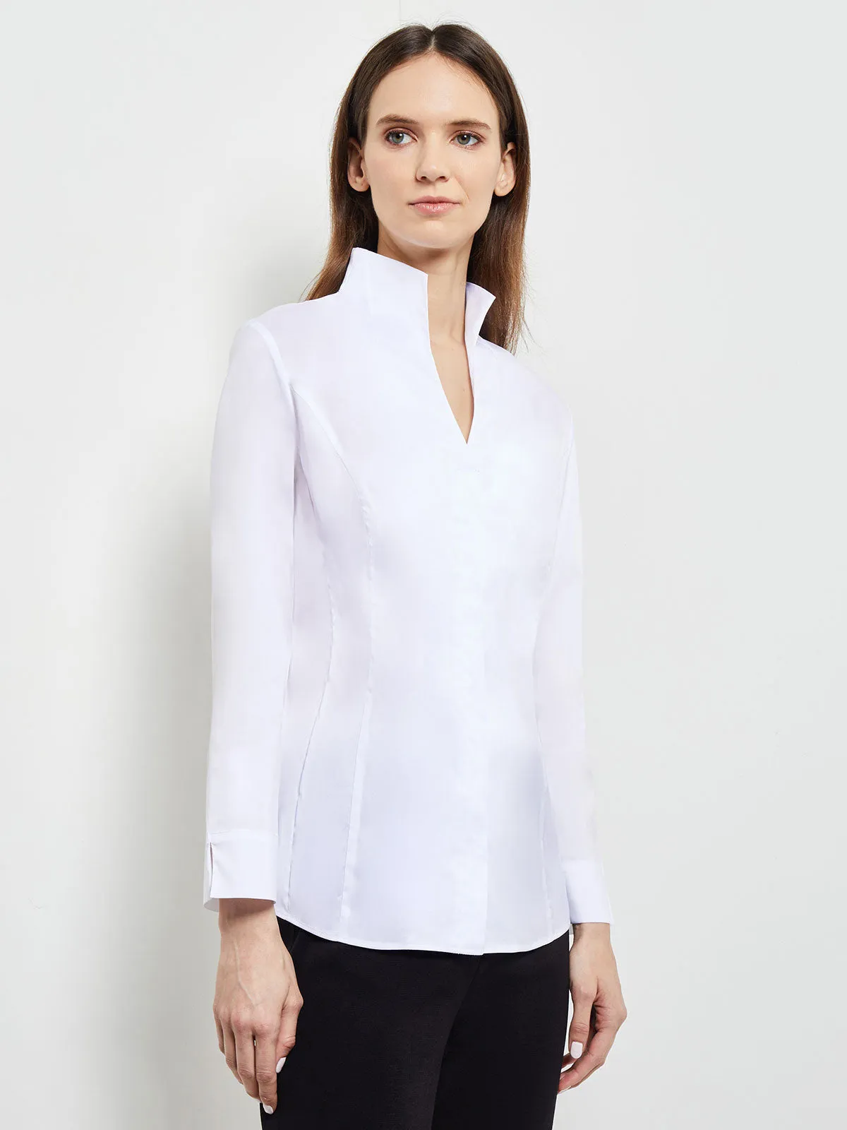 Hi-Neck Stretch Cotton Blouse, White