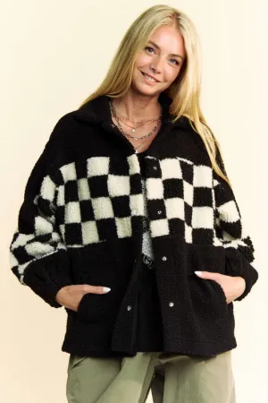 Hot Girl Davi & Dani Checkered Snap Down Faux Fur Jacket