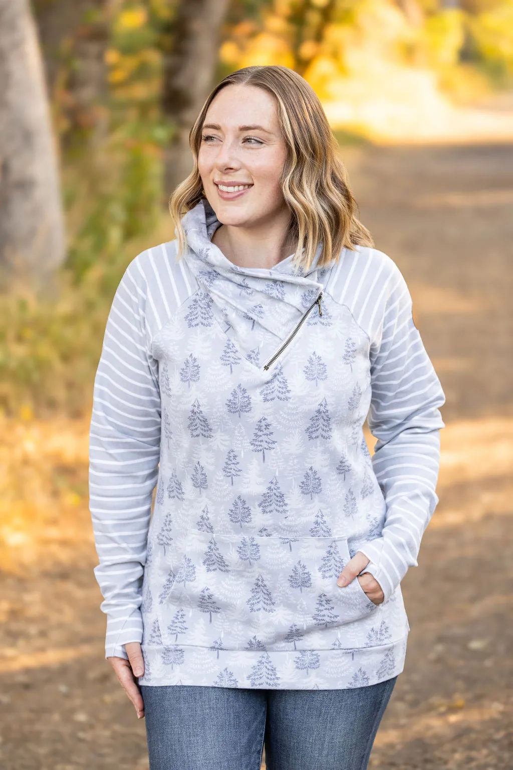 IN STOCK Classic Zoey ZipCowl Sweatshirt - Grey Trees and Stripes