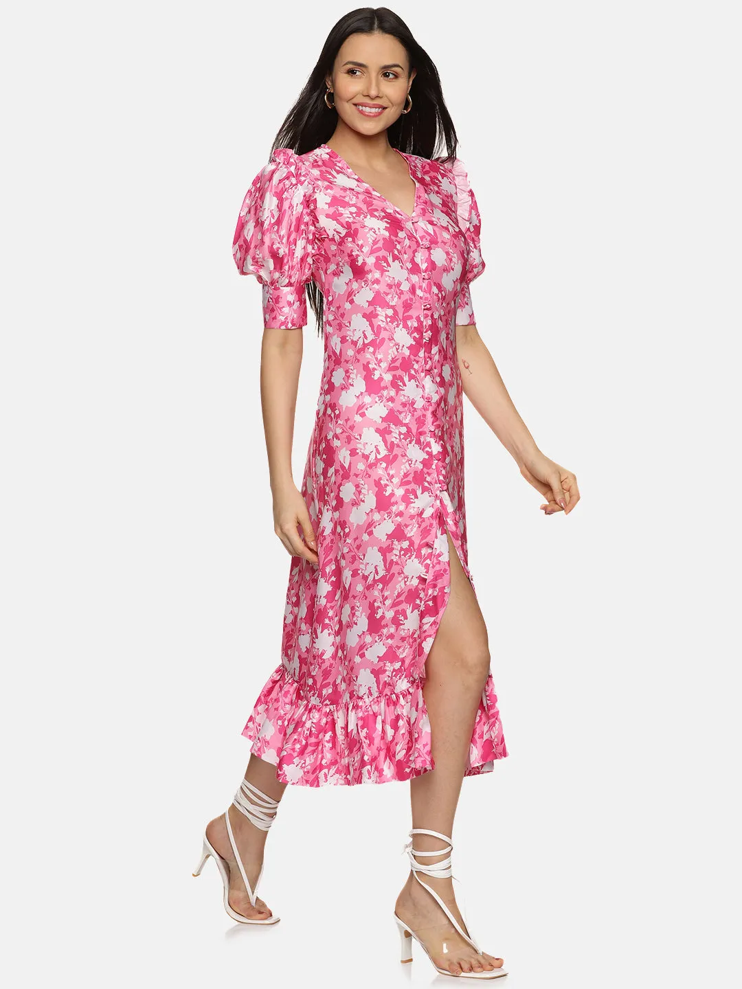 IS.U Floral Pink Button Down Satin Dress